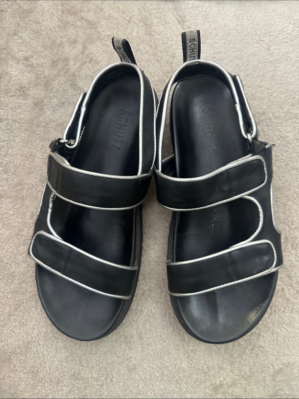 SCHUTZ Black Leather Platform Sport Sandal with Silver Trim Size 8.5 - Picture 2 of 6
